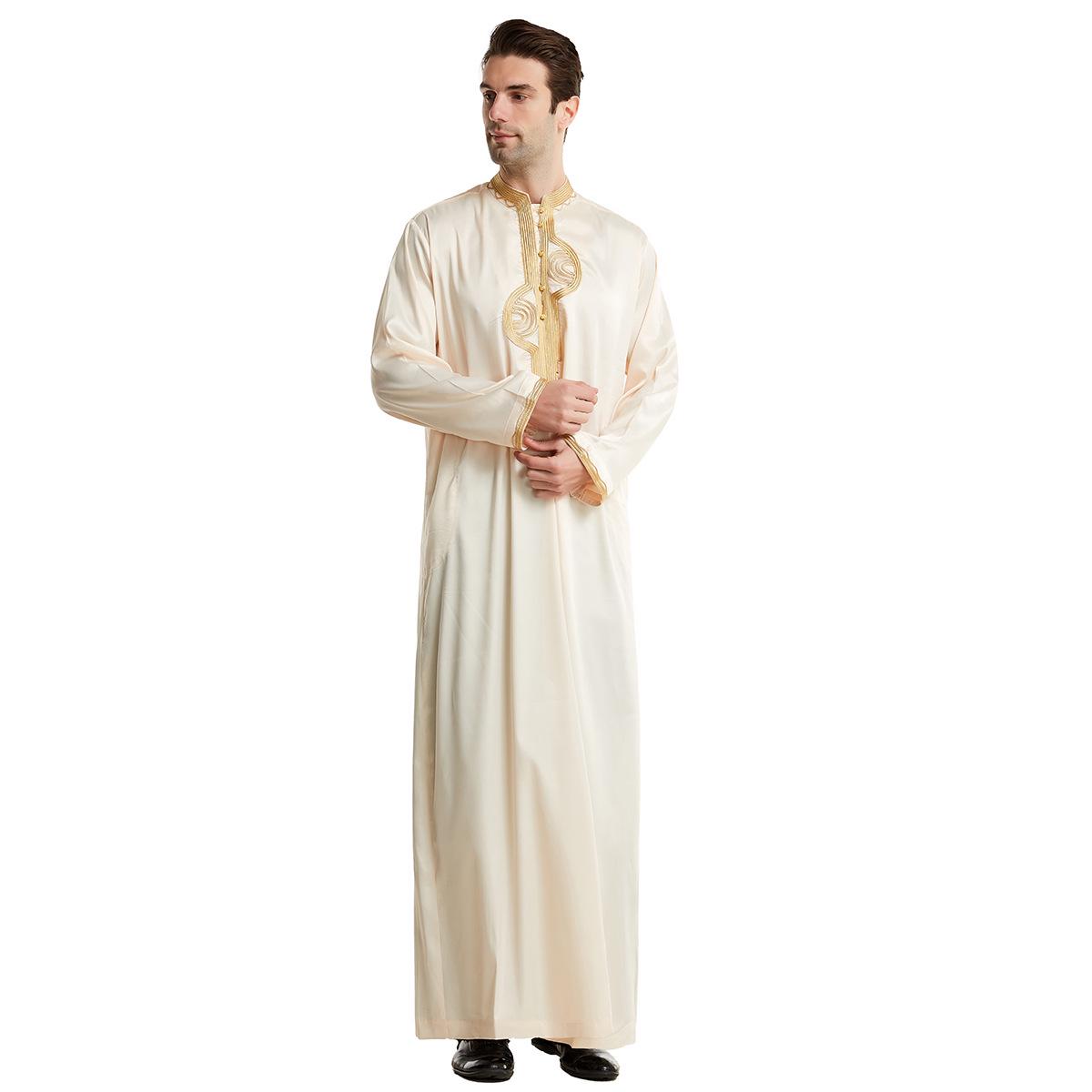 

Middle Eastern Embroidered Stand-Up Collar Robe: Men’s Long-Style Solid Color Imitation Silk Ethnic Wear L бежевий