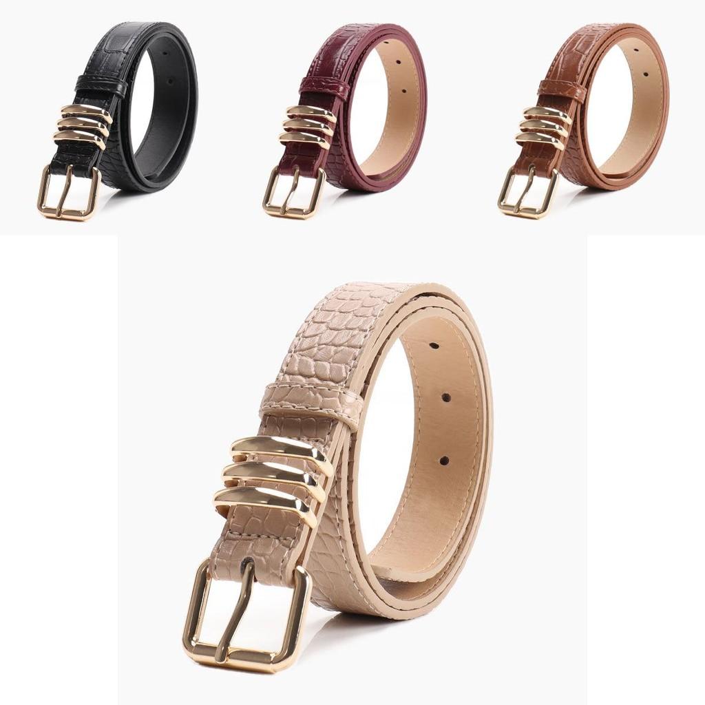 Womens Minimalist Pu Leather Belt With Alloy Pin Buckle And Vintage Stone Detail For Daily Wear