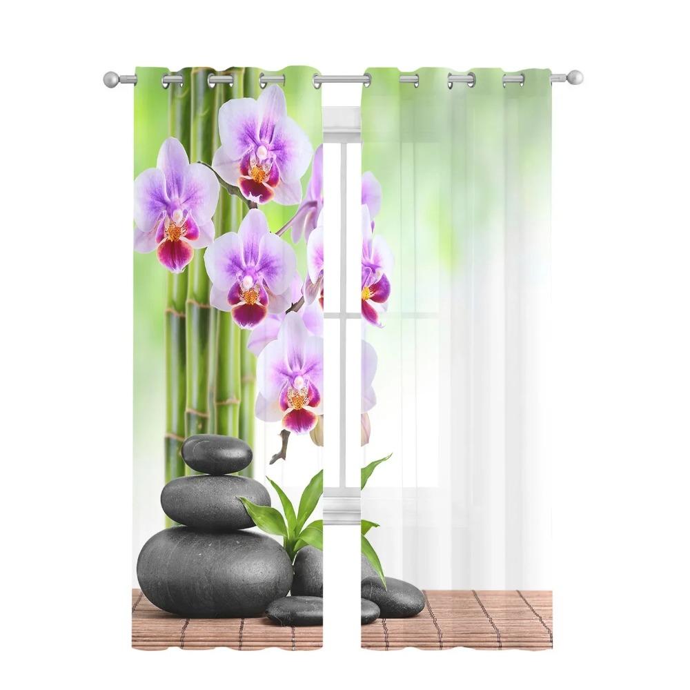 Bamboo Orchid Zen Flower Sheer Drapes Living Room Window Curtains For Bedroom Kitchen Home Decoration Curtain Panels