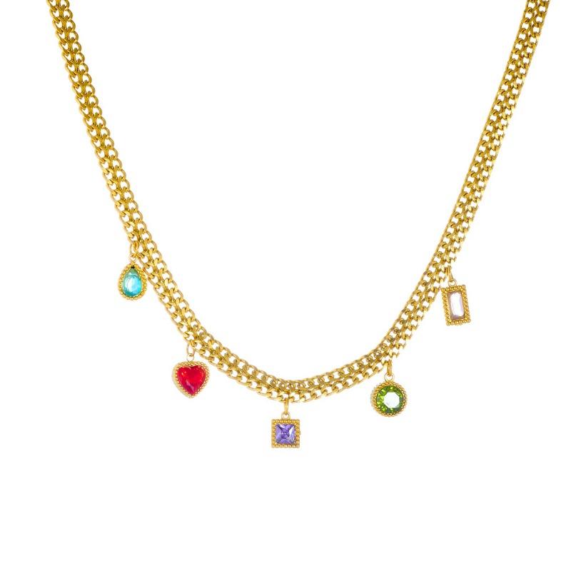 Gold Cuban Link Colorful Gem Charm Necklace – Boho Rainbow Jewelry, Joy Energy Gift for Women