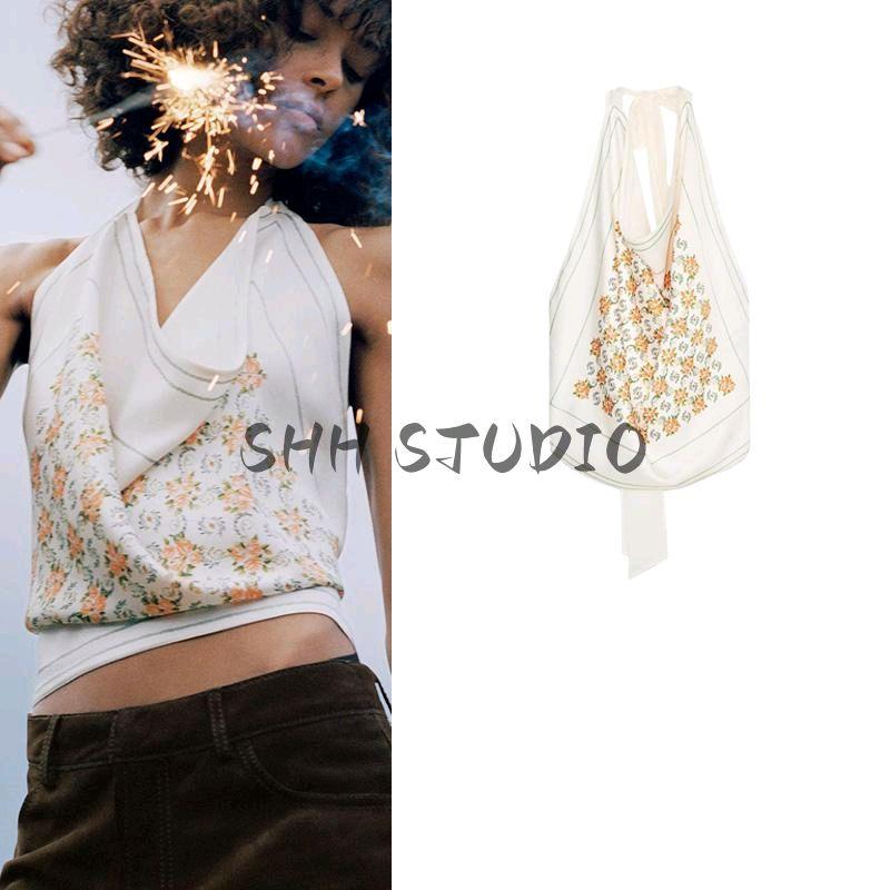 Spring New Women's Clothing Beach Seaside Halterneck Silk Satin Texture Print Bowknot Decoration Tops 2639915