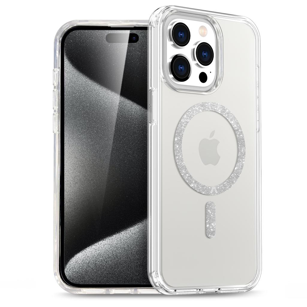 For Apple 16Pro Max Hard Transparent Glitter Magnetic Phone Case Anti-fall for Apple 15 Phone Case
