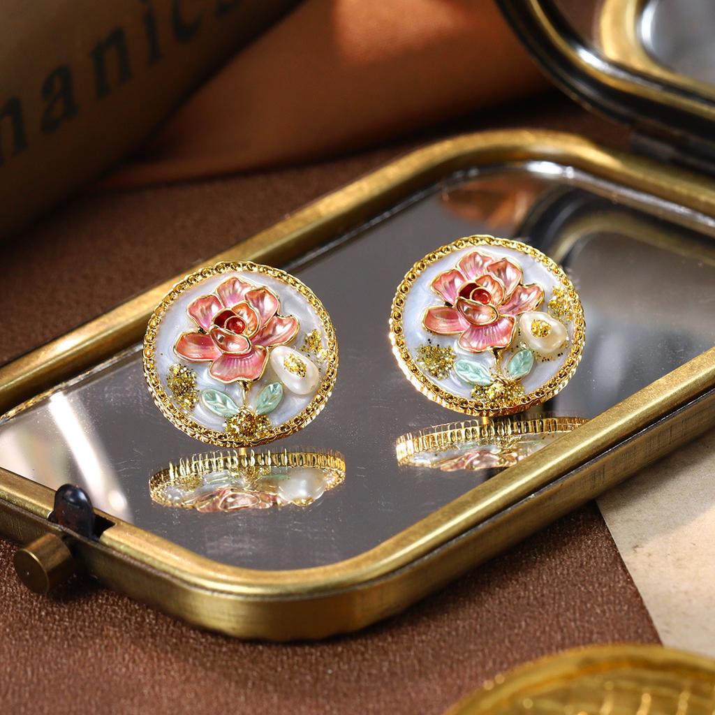 New Chinese Flower Earrings New Xia Baroque Pearl Oil Painting Series Love Enamel Stud Earrings High-end Earrings Women