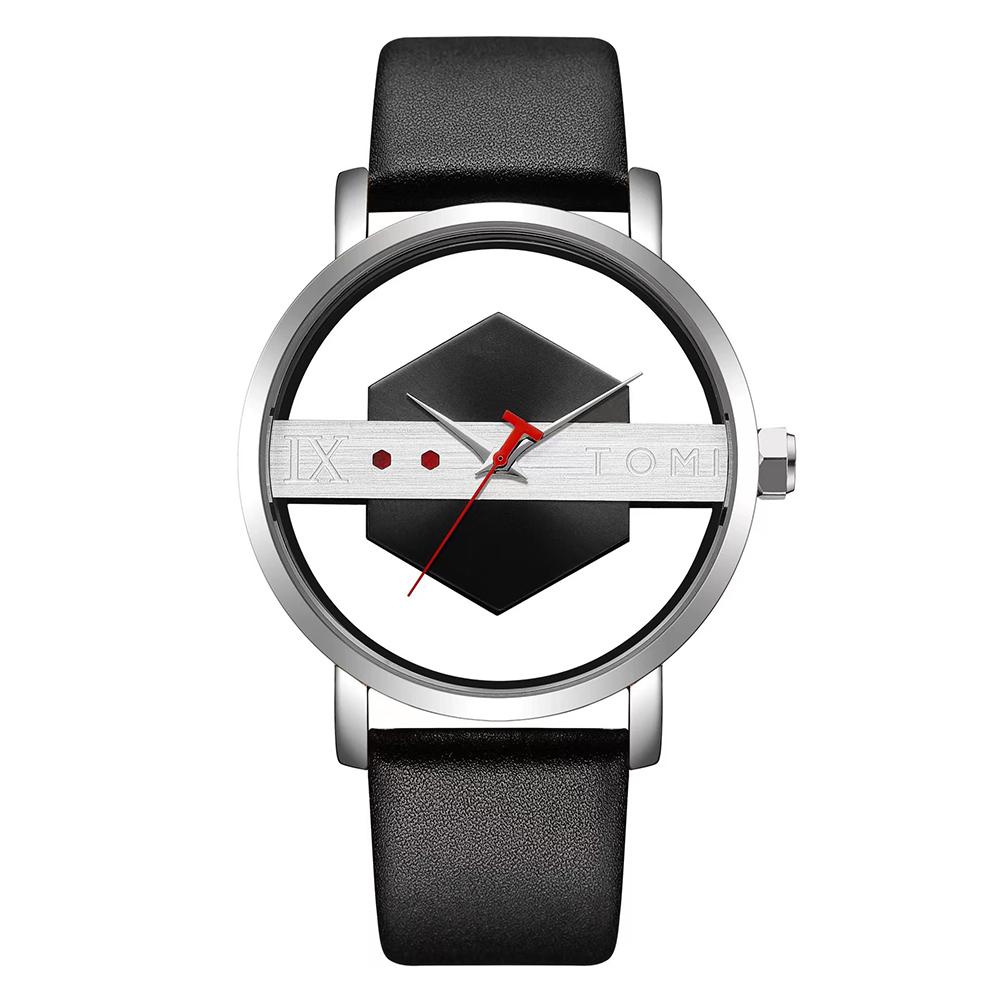 Fashionable and Minimalist Men's Leather Watch Strap Personalized Hollow Perspective Glass Bottom Cover Quartz Watch