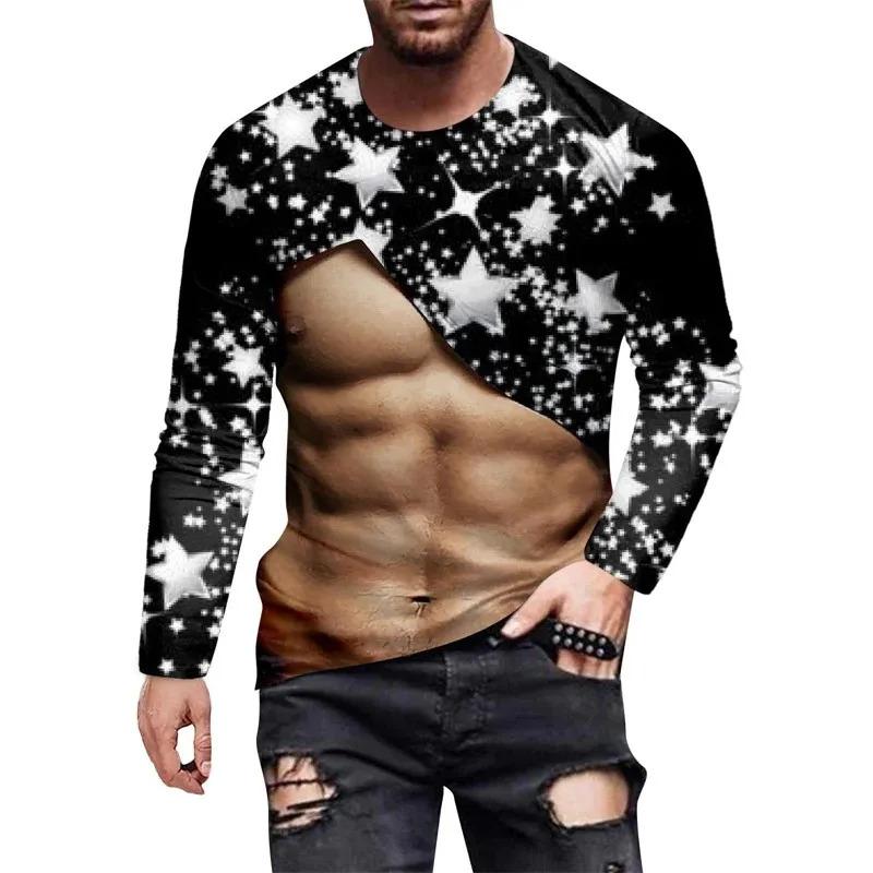 Men Christmas Muscle Men Fun T-Shirt Fashion 3d Printed Round Neck Long Sleeve Street Personality Breathable Plus Size Pullover