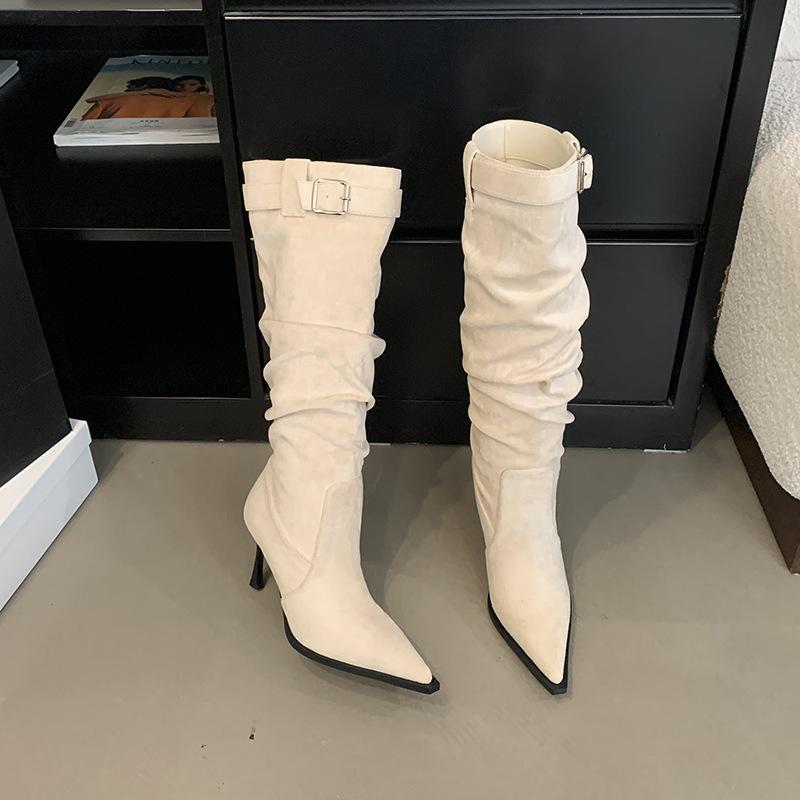 Big tube circumference women's boots fashionable pointed pile boots pleated thin high heel high boots thin boots but knee boots