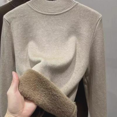 Women's Fleece Knit Top: Semi-High Neck, Plus Velvet, Thick, Versatile Base Layer for Autumn/Winter.