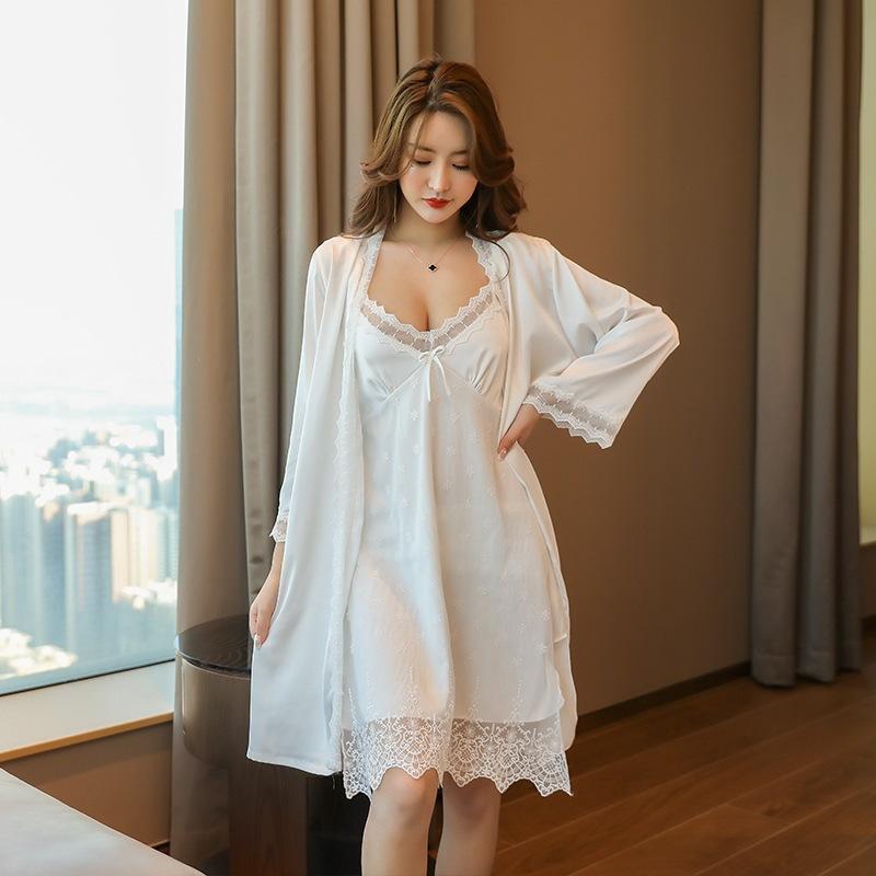 Pajamas Female Sexy Ice Silk Thin Ins Wind Summer New Lace Nightdress Two-piece Loungewear Spring and Autumn