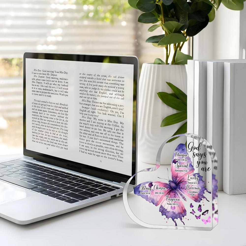 Inspirational Christian Heart-Shaped Acrylic Plaque for Women - "God Says You Are" Religious Gift with Butterfly Design, Scripture Verses & Pink Acce