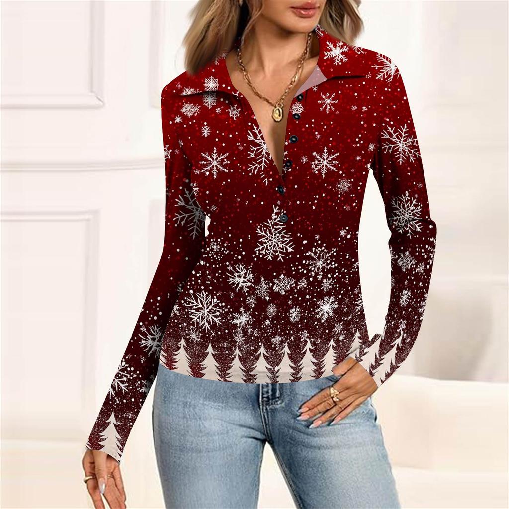 Damenmode Lässig Bedrucktes V-Ausschnitt Langarm Knopfleiste Oberteil