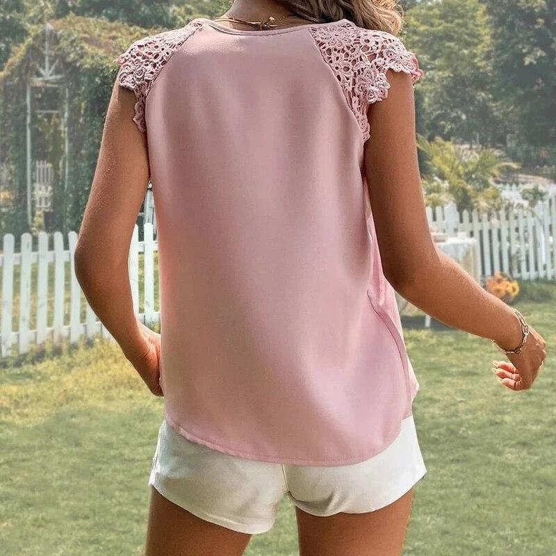 2023  V-neck Patchwork Lace Sleeve Blouse Women Fashion Casual Vest Tops Woman Hollow Out Loose Simple Ladies Shirts 30611