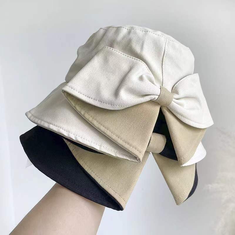 Vielseitiger Eimerhut Damen Frühling und Herbst Reine Baumwolle Hinten geteilte Schleife Mode Lässig Sonnenschutz Sonnenhut Koreanische Version Hut Damen