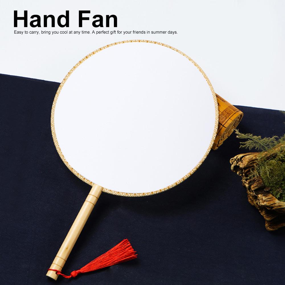 Classical Wooden Handle Round Silk Classical Fan Tassel Handle Fan Gift Decoration(Round Wooden Handle White Silk Cloth