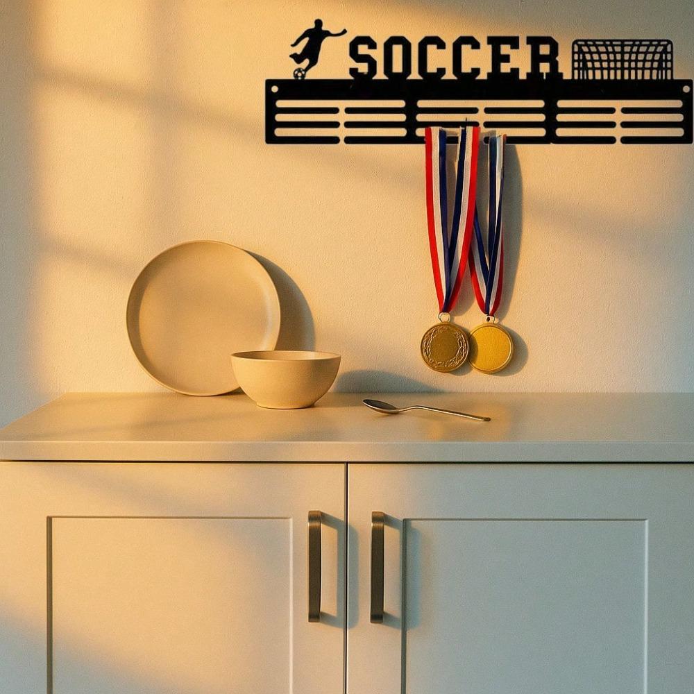 Black Iron Medal Hanger Soccer Fan Wall Art, Minimalist Home Decor, Rustproof Sports Award Display Rack With Hooks, Living Room Bedroom Gift