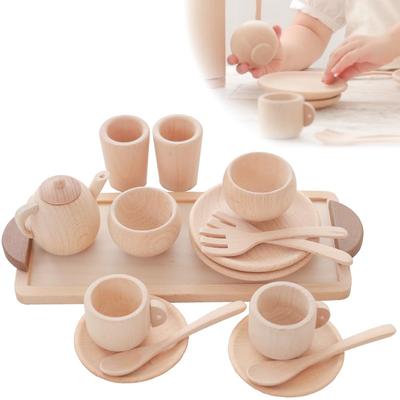 Wooden Toy Daiwa Mini Tableware Set Wooden Toy Tea Set Tea Party Wooden Tableware Wooden Tableware Set Pretend Play Kitchen Pretend Play Set (Brown)