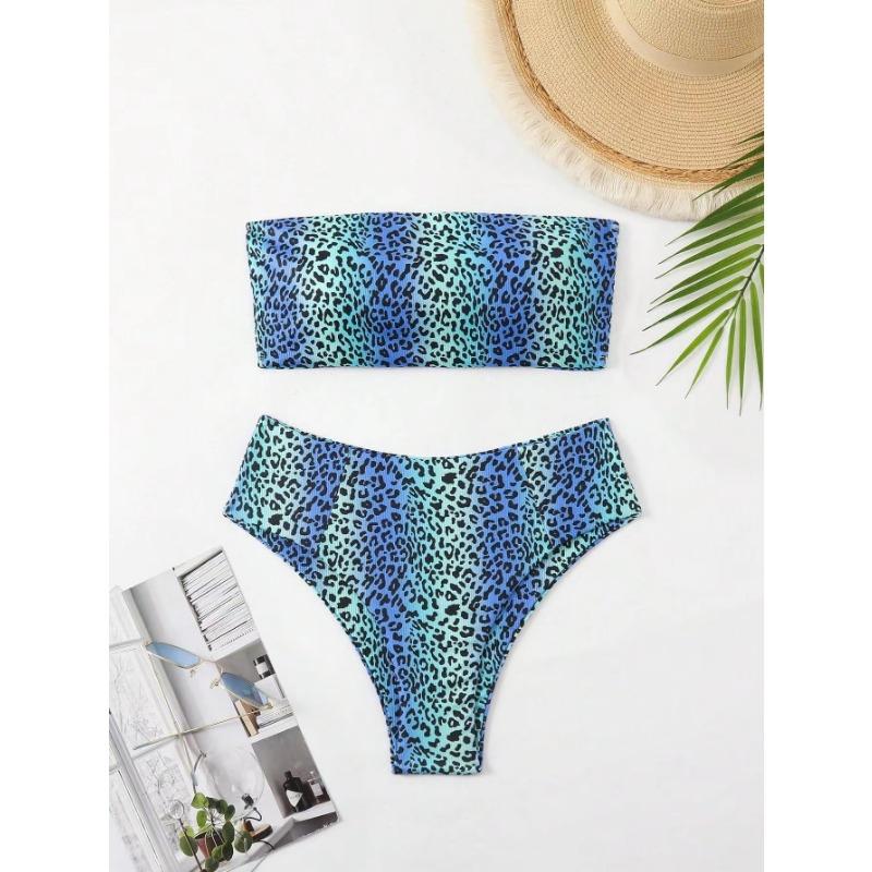 Bikini a Fascia Stampa Leopardo Gradiente Blu Costume da Bagno Due Pezzi a Coste Taglio Alto