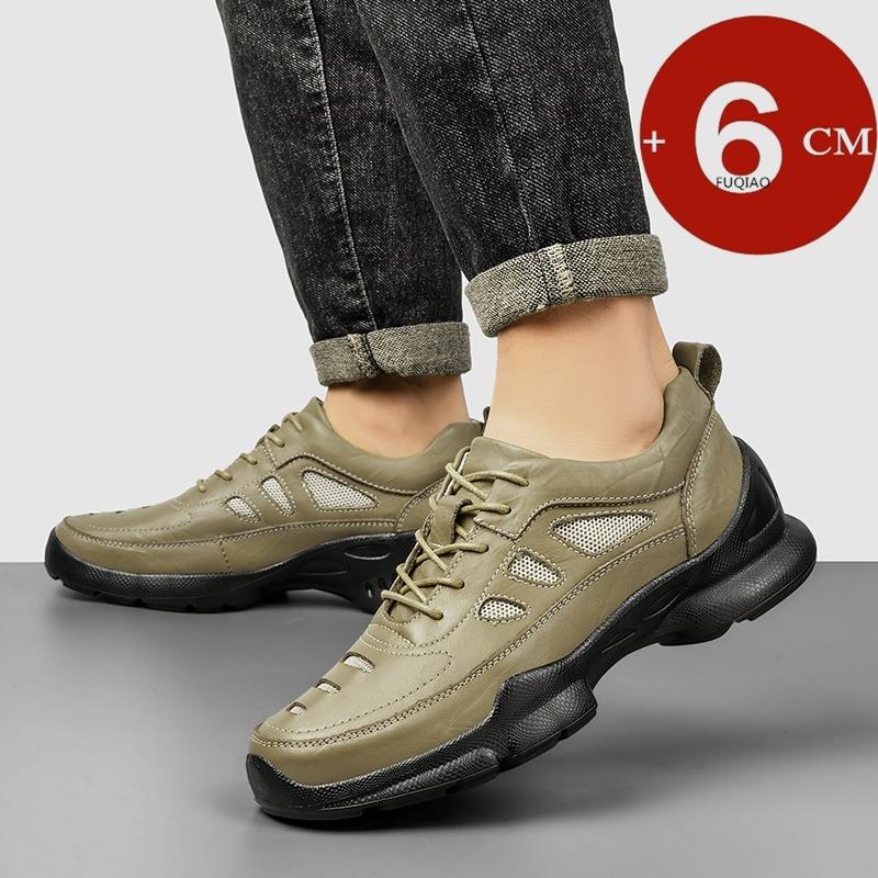 Echtes Rindsleder Herren Outdoor Wanderschuhe mit Absatz Verschleißfest Rutschfest Leicht Atmungsaktiv 6cm Höhenerhöhende Sneaker