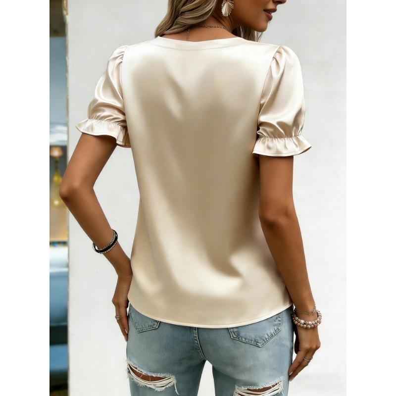 Women Elegant Satin Blouse With Pearl Neckline Puff Short Sleeve Casual Tops
