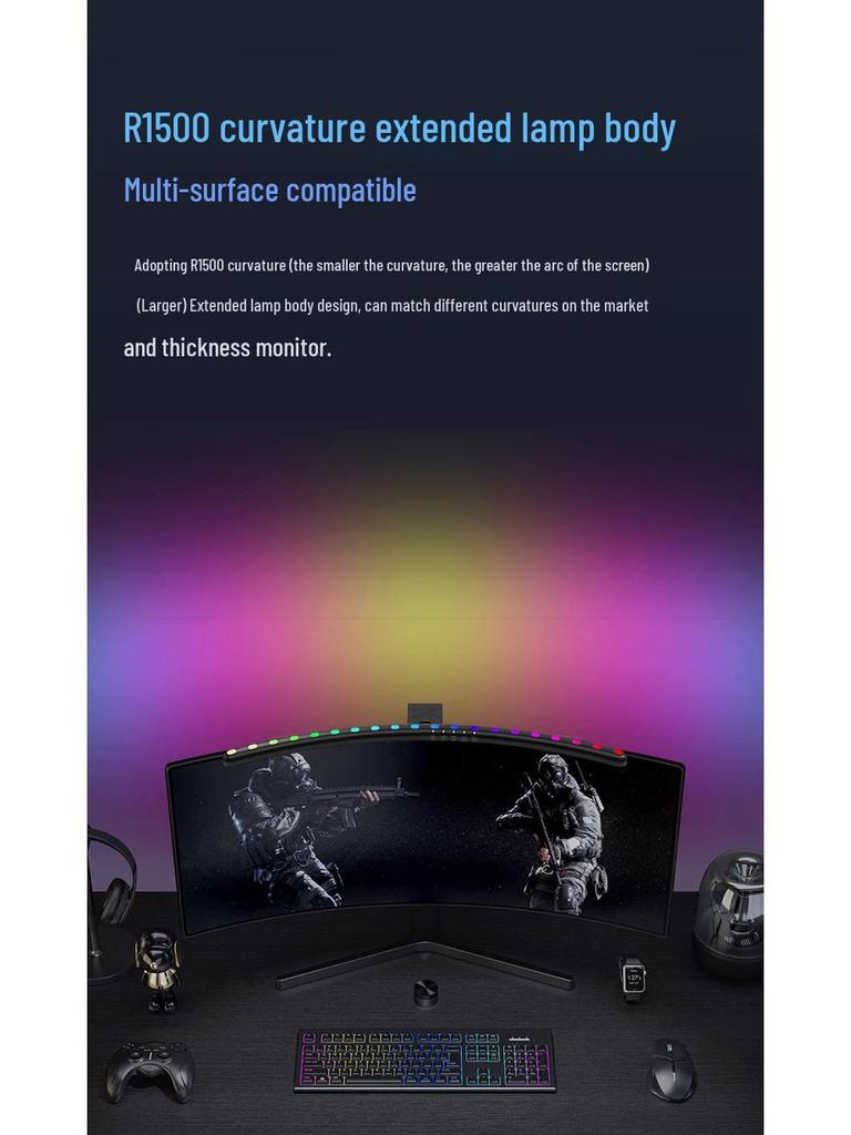 Curved Screen Hanging Lamp with Seven-Color LED, Sound-Reactive Rhythm, and Eye Protection Features.