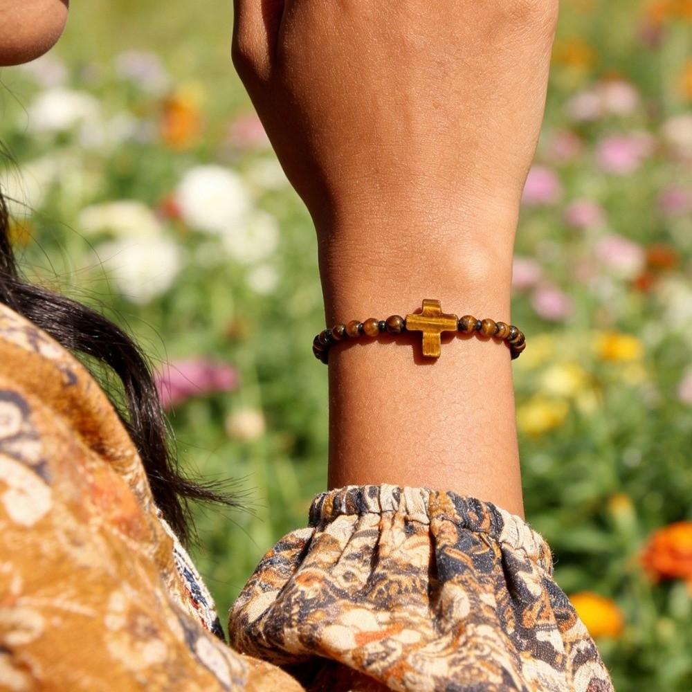 Tiger Eye Beads Cross Bracelet Spiritual Rosary Bracelet Prayer Beaded Bracelet Meditation