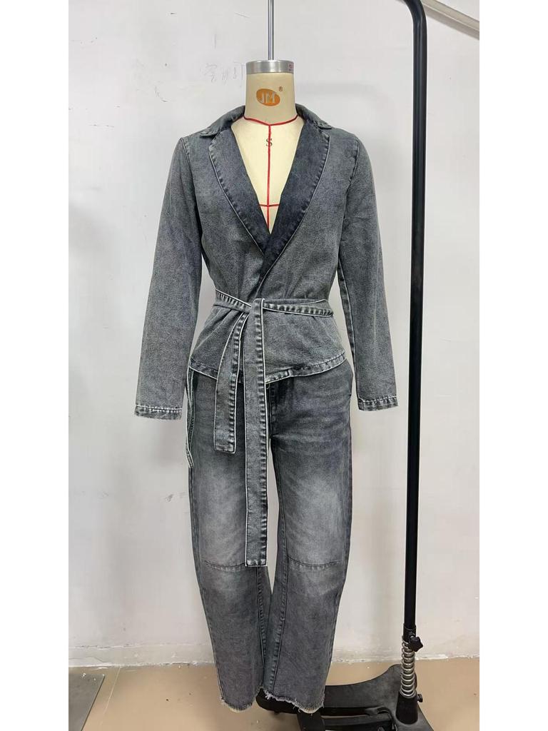 Damen Streetwear-Set im europäischen & amerikanischen Stil: Schmale Jeansjacke & Hose