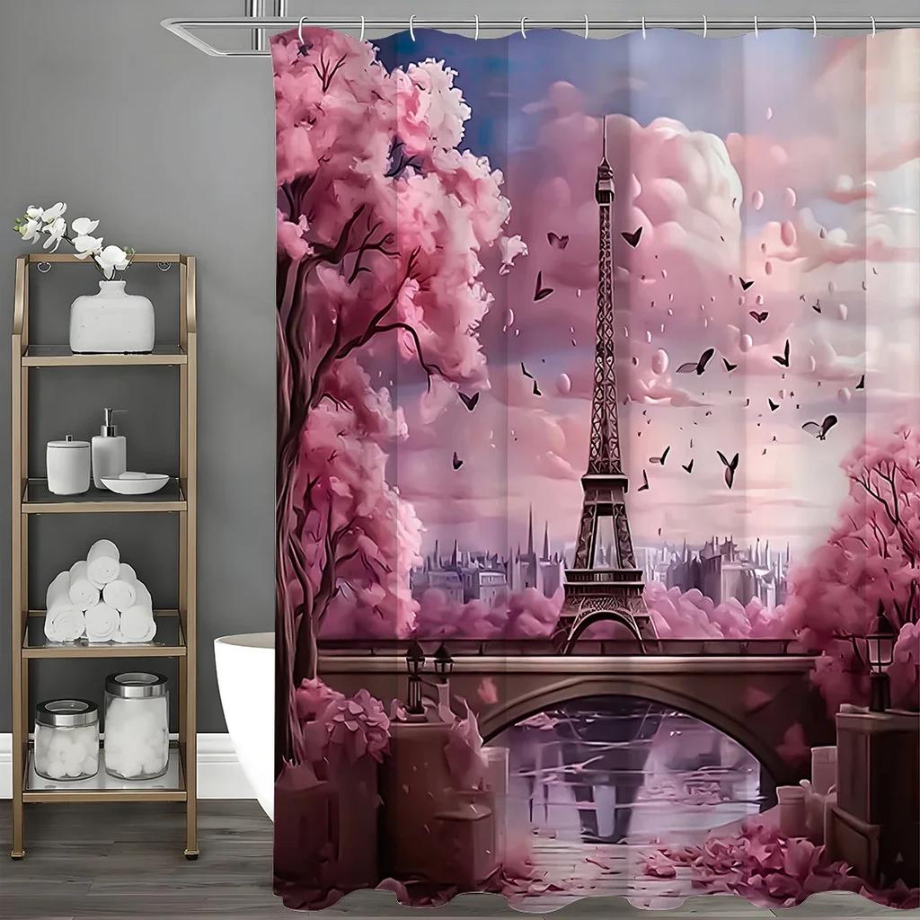 Pink Fantasy Paris Eiffel Tower Shower Curtain, Bathroom Decorative Shower Curtain, Waterproof Shower Curtain with Hooks