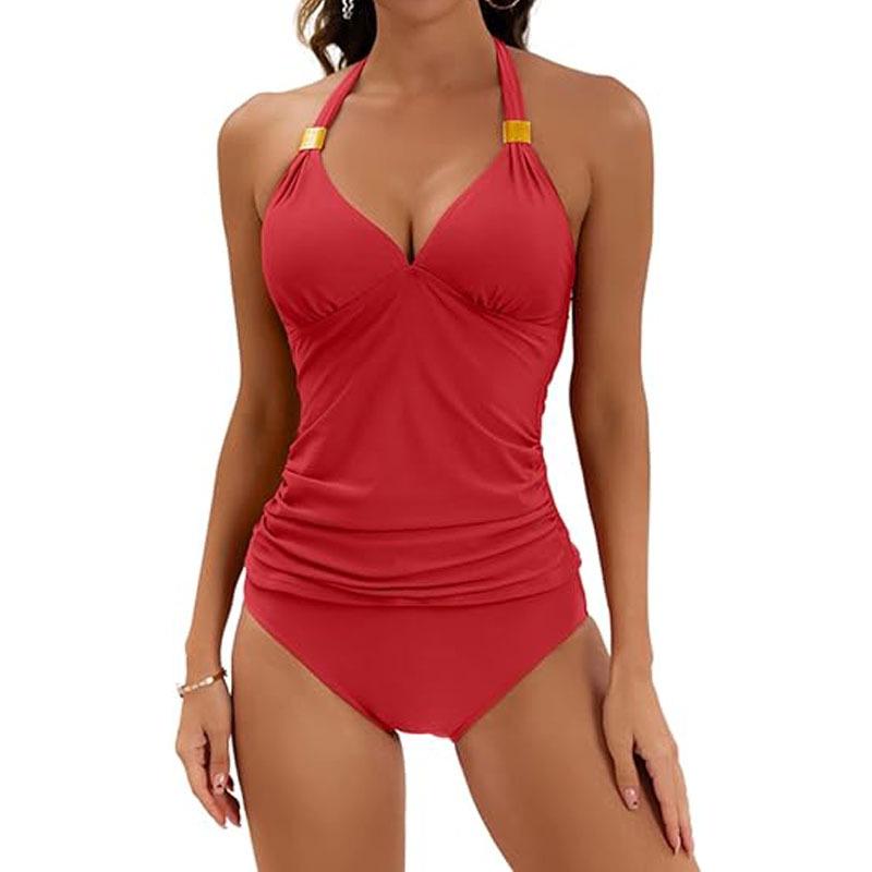 2026 Women's Solid Color Halter Neck Lace-Up Two-Piece Bikini Set