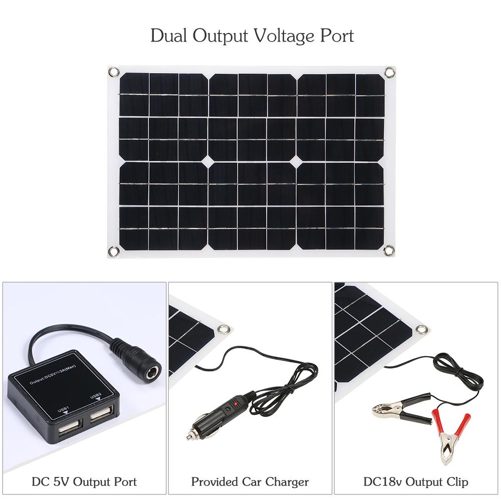 50-W-Solarpanel mit zwei Ausgängen, 2 USB-Anschlüssen und Autoladung, IP65-Laderegler