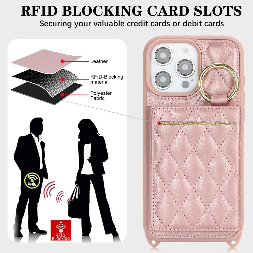 For iPhone 14 Pro Case with Lanyard/Mirror/Card Holder Grids Pattern RFID Blocking Phone Cover
