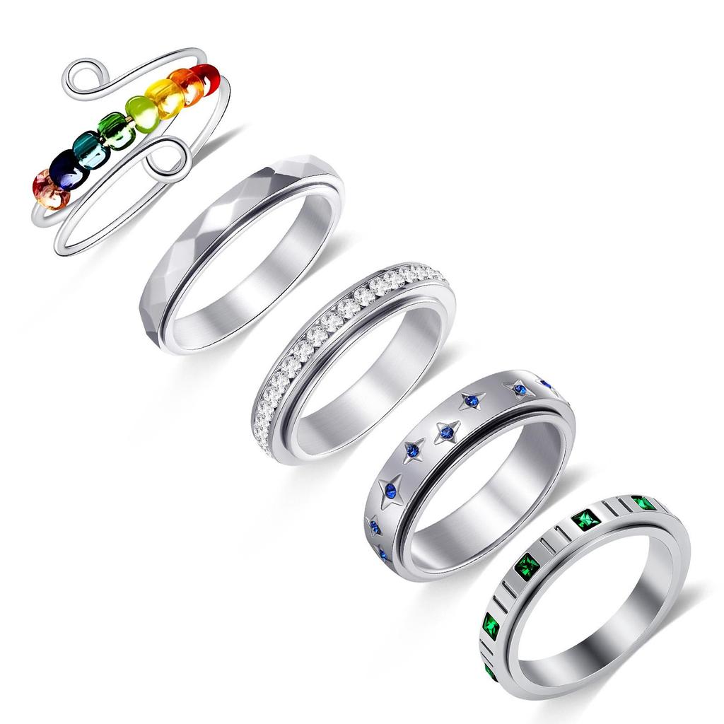 Women's Stainless Steel Diamond-Inlaid Decompression Ring Set - Versatile & Stylish Multiple Styles