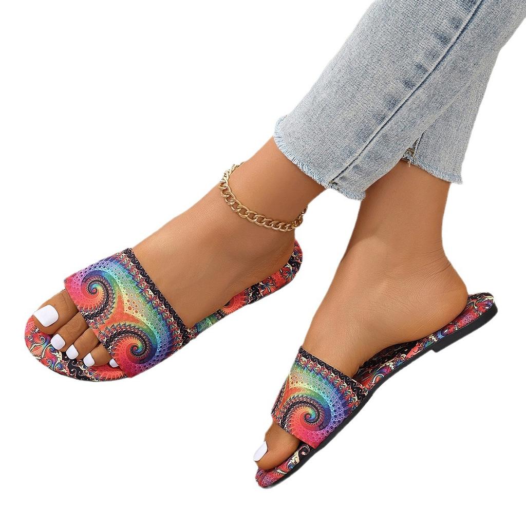 European and American foreign trade large size graffiti flat bottom one-word drag shoes women's new outer wear candy color square head beach sandals