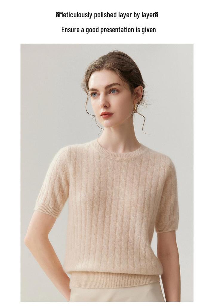 Lekasha 100% Pure Cashmere Short-Sleeve Round-Neck Pullover.