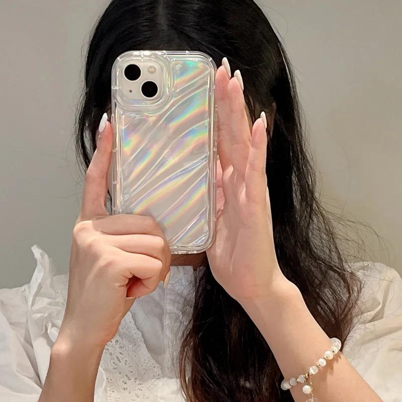 6D Laser Aurora Wave Pattern Glitter Case for IPhone 16E 15 14 13 12 11 Pro Max 17air 16 Soft Shock Protection Cover