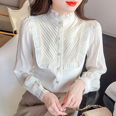 Herbstmode Neu 2024 Langarm Rüschenkragen Freizeit Aprikot Chiffon Bluse Hemd Damen Oberteile Blusen Hemden J468