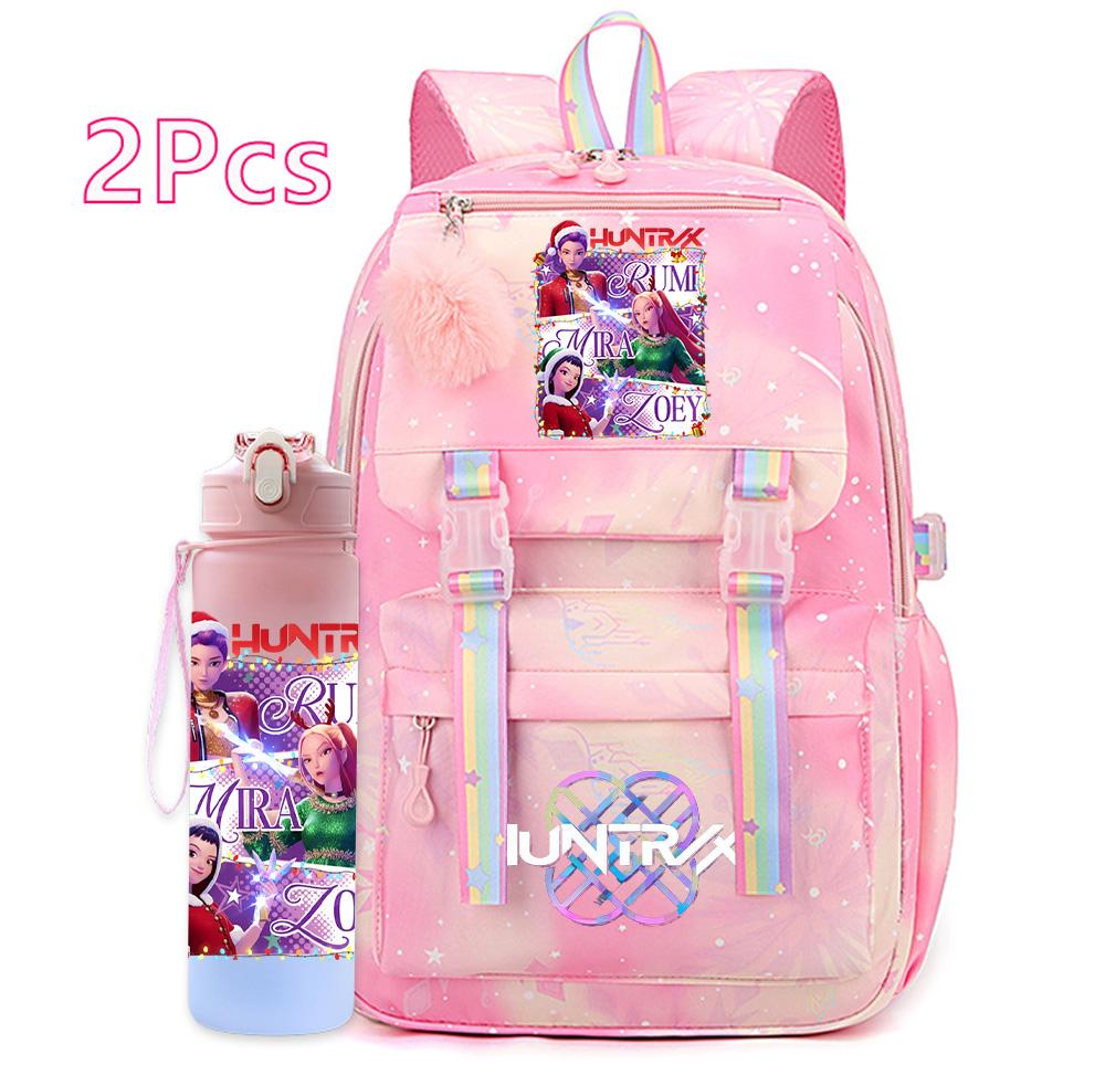 2Pcs/set Christmas K-pop Printed Backpack with 750Ml Water Bottler Large Capacity Travel Bag for Teenager Girl Boy Waterproof Bookbag Kid Gift Rucksak