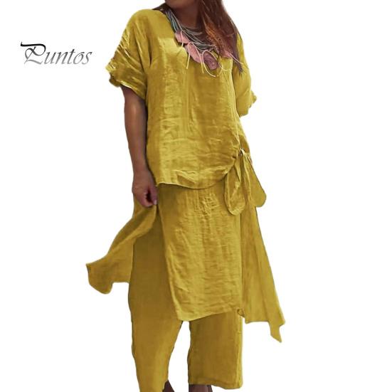 

Женский комплект из хлопка и льна, состоящий из двух предметов: короткий рукав, круглый вырез, завязка по бокам, верх и широкие брюки, повседневный комплект для отдыха M жёлтый