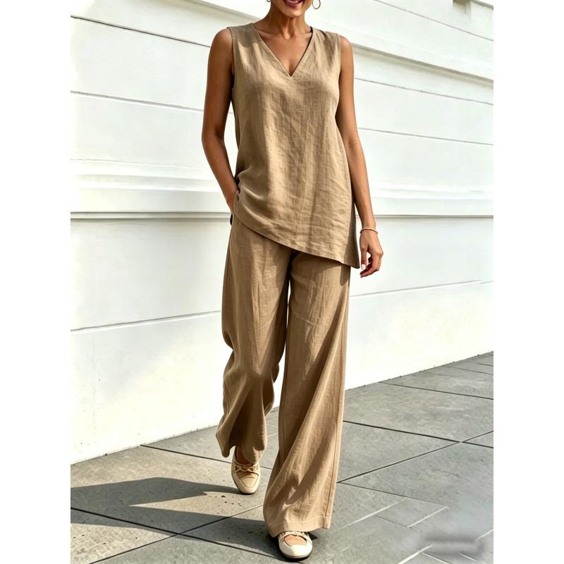 PEYWOW Costume de pantaloni casual de modă pentru femei, fără mâneci, cu decolteu în V