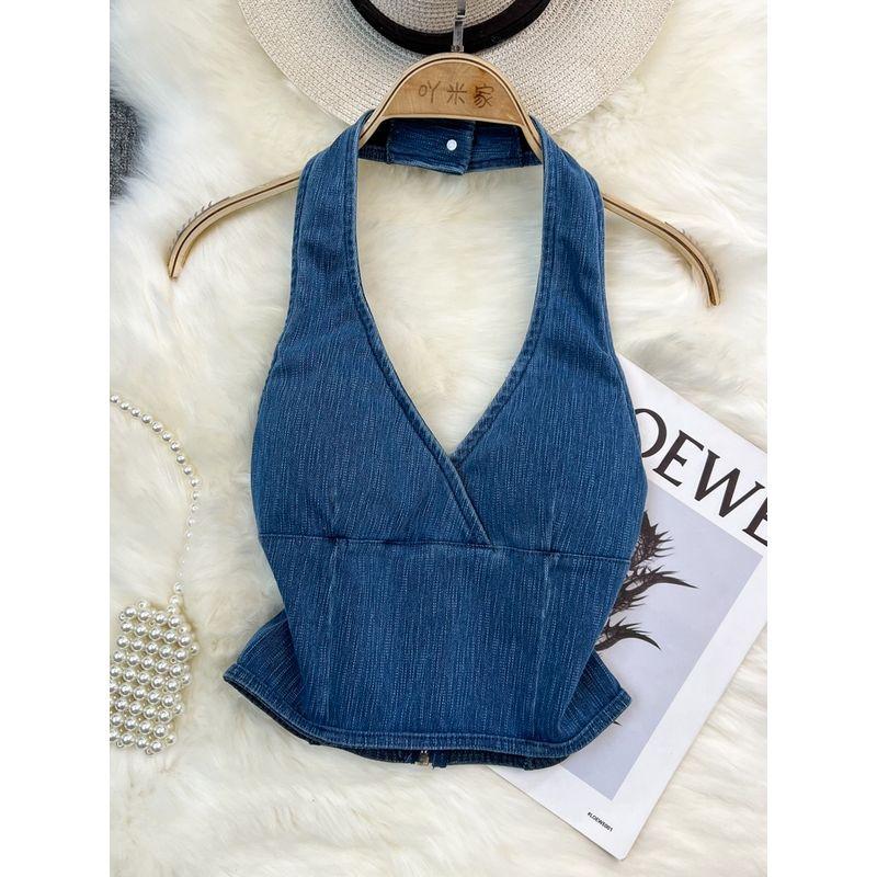 off-Shoulder Zipper V Neck Denim Silm Halter Spaghetti Straps