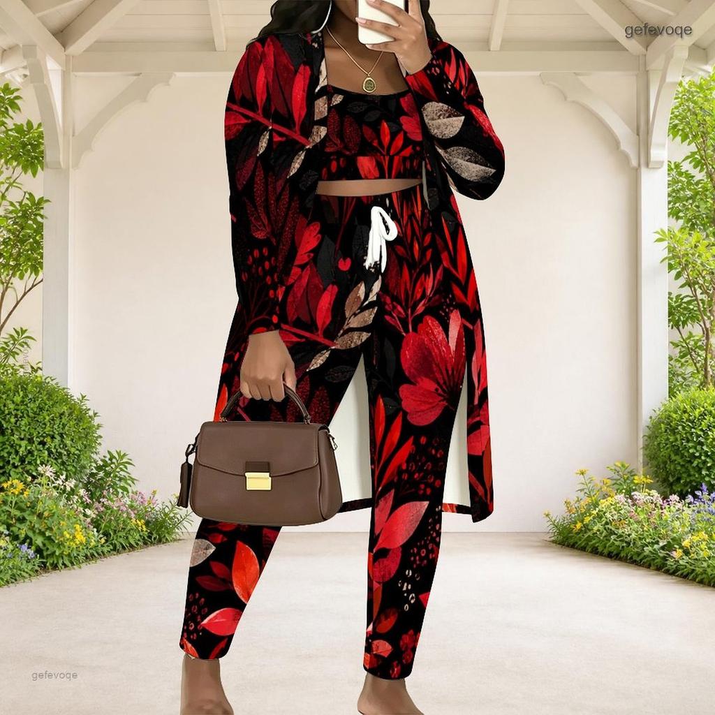 Women Plus Size Red Floral Printed Three Piece Set Long Sleeve Open Front Cardigan Crop Top Long Pants