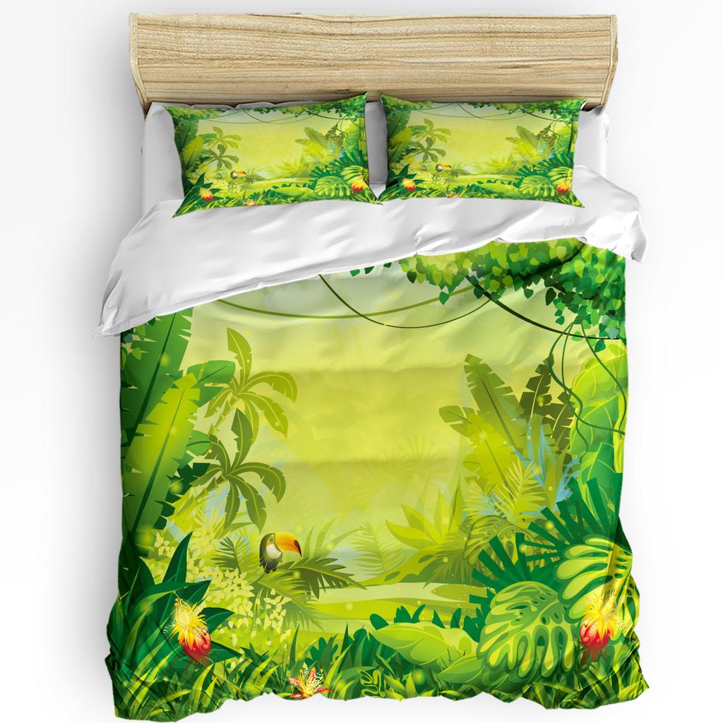 Natural Green Forest Bird Flower Cartoon Bedding Set 3pcs Duvet Cover Pillowcase Quilt Cover Double Bed Set Home Textile