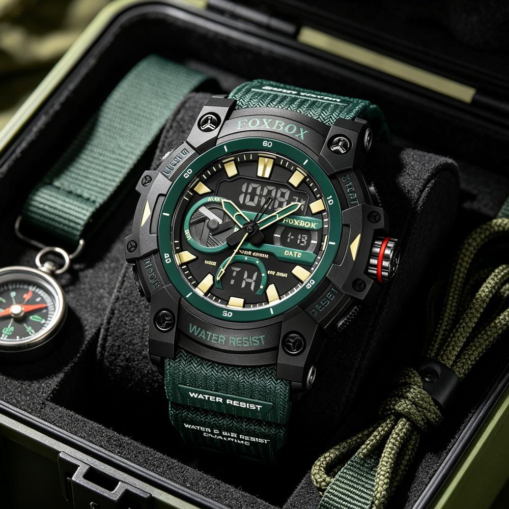 FOXBOX Sports Military Mens Watches Luxury Fashion Waterproof Quartz Male Wrist Watches Dual Display Clock Relogios Masculino