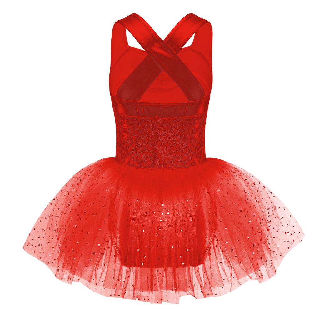 Girls Sleeveless Dance Dress with Shiny Sequins Crisscross Back and Tutu Mesh Skirt
