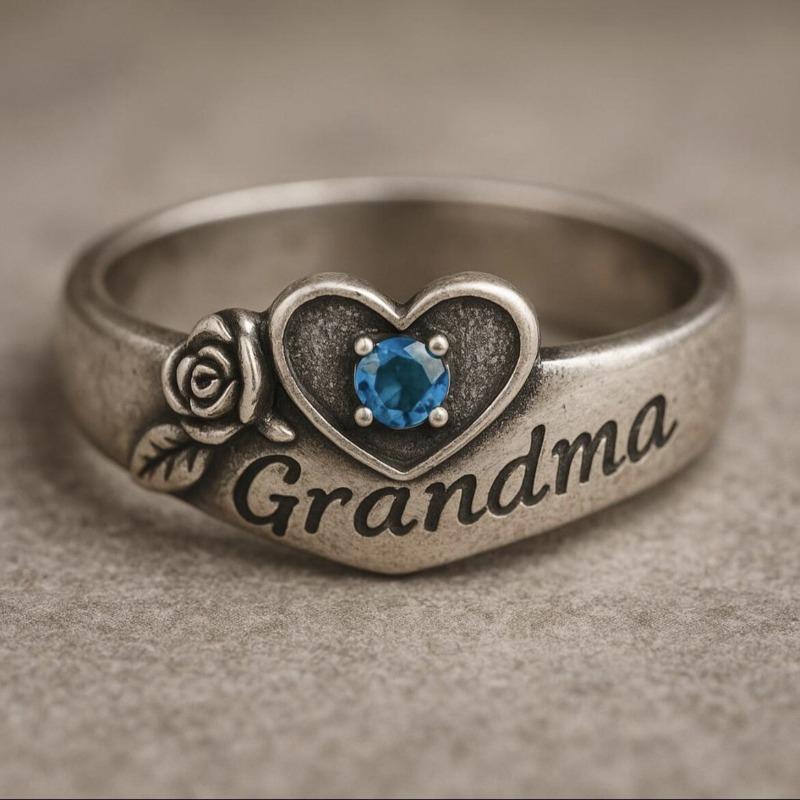 

Elegant Grandma Heart Rose Ring Blue Zircon Centerpiece Vintage Copper Tone Engraved Statement Zircon for Grandmothers Gift 10