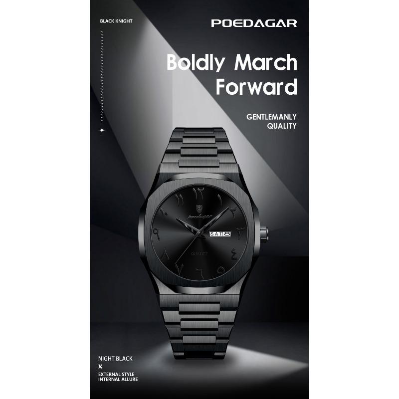 POEDAGAR Watch for Men Waterproof Luxury Week Calendar Wristwatch Quartz Stainless Steel Fashion Watches Male