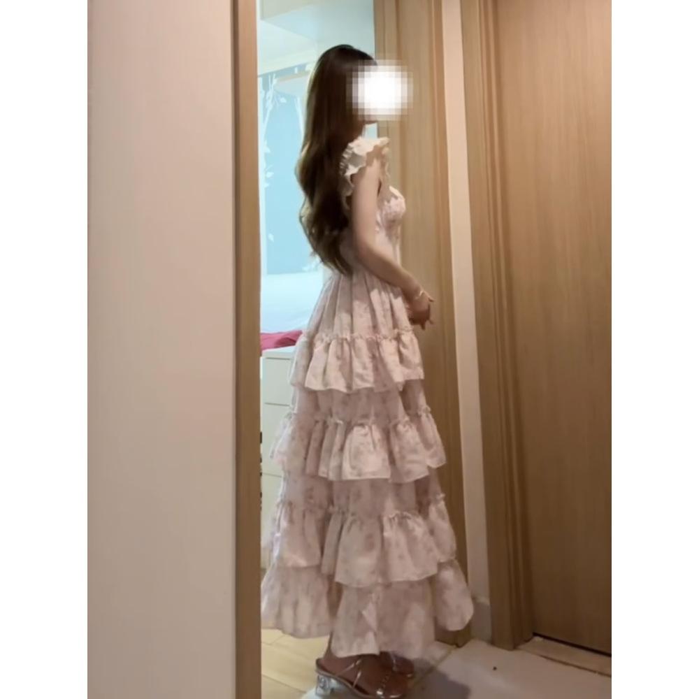 Sweet and Gentle Little Fly Sleeves Pink Floral Dress Female Summer Fugitive Princess Cake Dress Waist Fluffy Suspender Dress