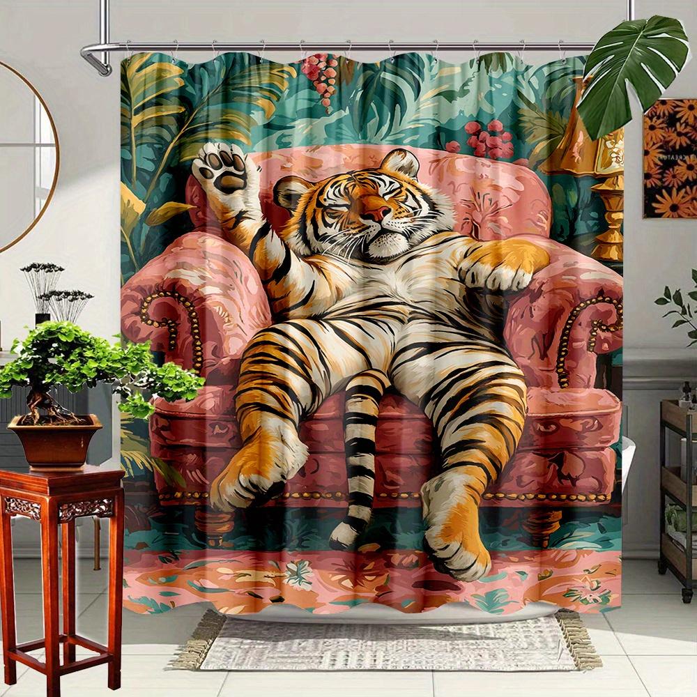 

Relaxed Tiger On Pink Armchair Waterproof Shower Curtain For Bathroom Decor, Modern Art Design, Vibrant Colors W60H190(CM)-1 Pcs