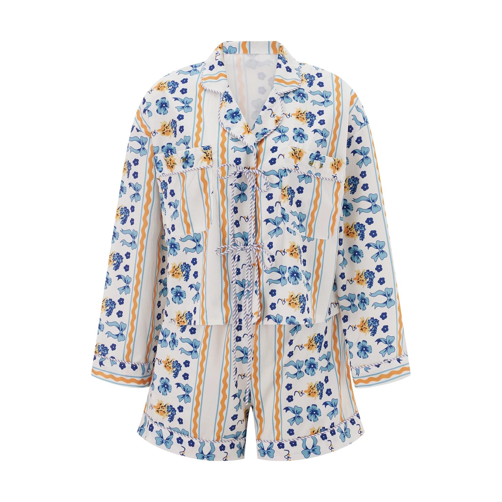 

Комплект из 2 предметов с короткими рукавами, женский цветочный/полосатый принт, топ с длинными рукавами и завязками, комплект из широких шорт, уличная одежда лето-осень XL синий