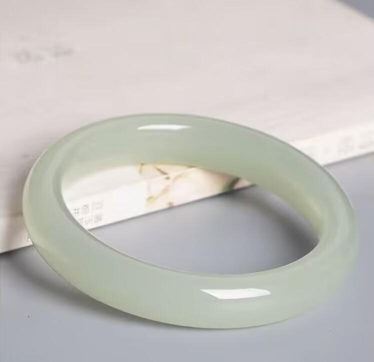 Hetian Green-White Jade Wide Band Bracelet - High Ice Clear Jade, Girly Style, Natural Jade Gift