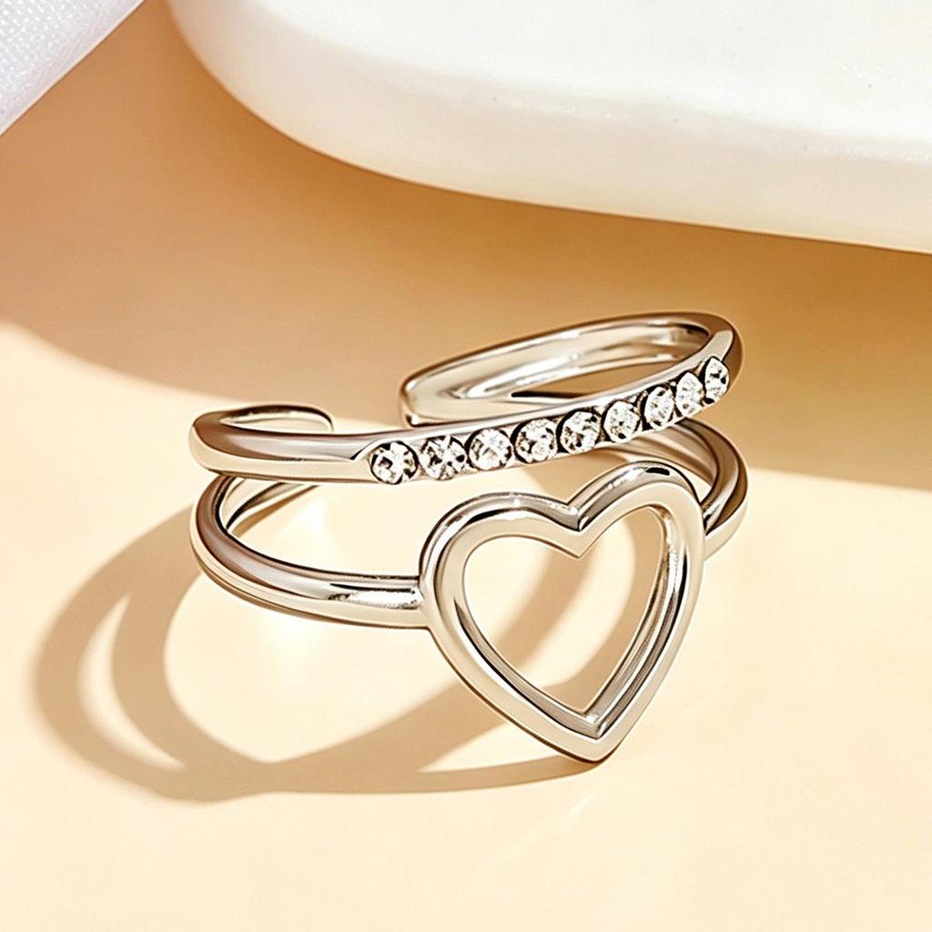 Elegant Double Row Heart Ring: Versatile Open Design with Inlaid Diamonds