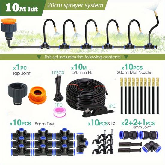 10M/15M Garden Irrigation System Irrigation Hose with 360-Degree Bendable Nozzles Quick Connect Drip Irrigation System for Greenhouse Lawn Watering